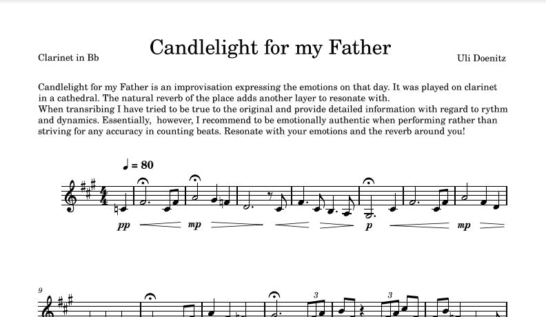Candlelight for my Father - SHEET MUSIC for Bb Clarinet